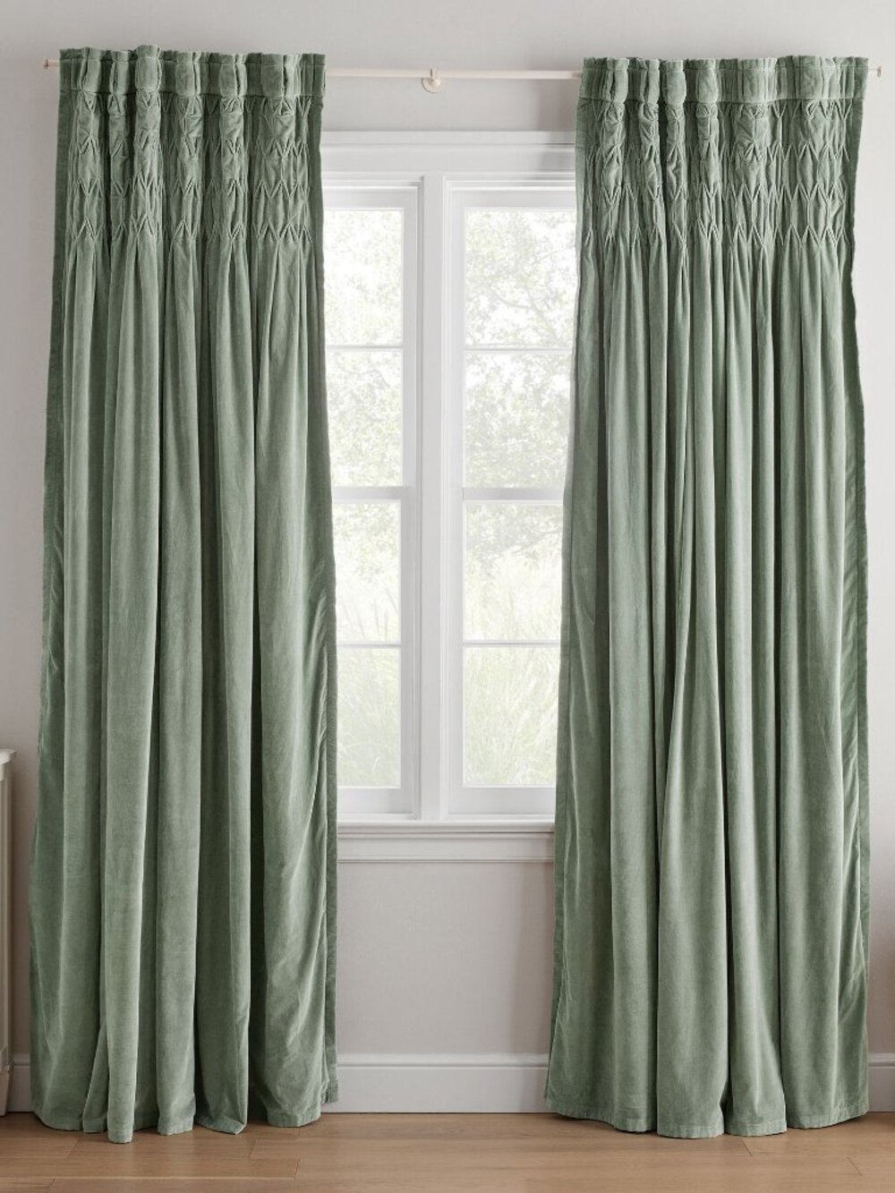 Pottery Barn Classic Velvet Smocked Top Blackout Curtain Sage Green 52 x 63 NWT